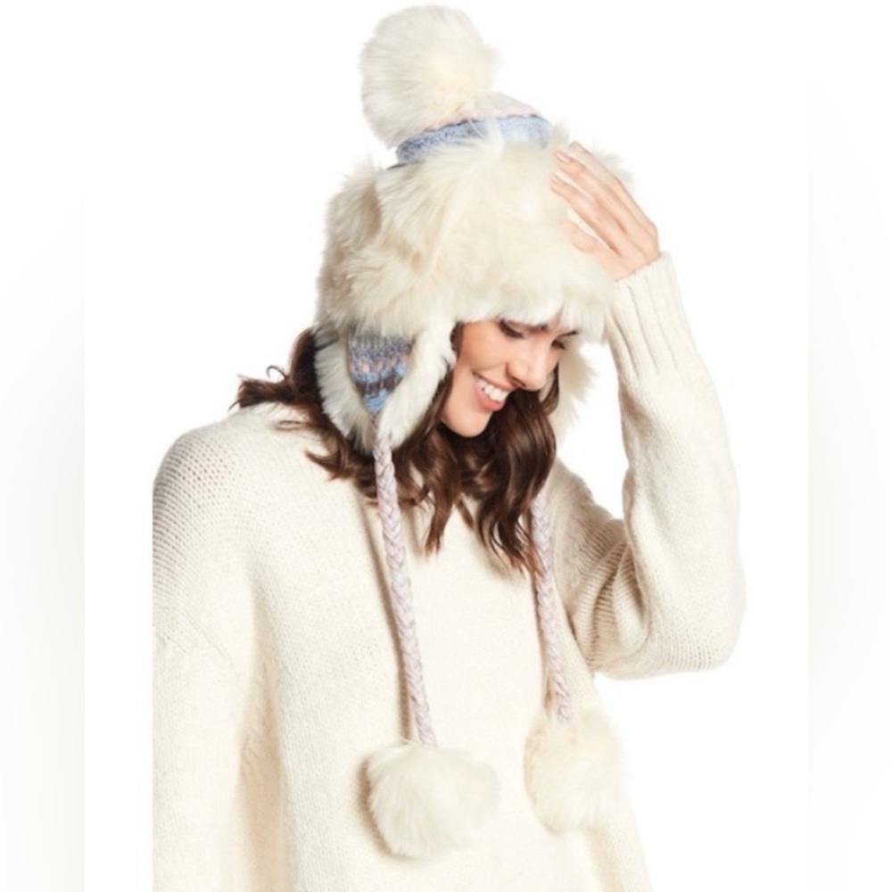 Free people faux fur, braided, pom-pom, trapper, hat, beanie